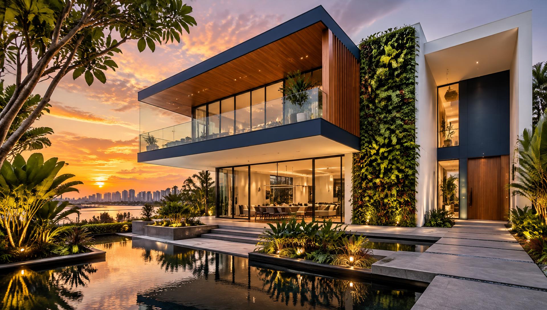 Modern luxury home at sunset with a vertical garden wall, inspired by Singapore architecture — painted and renovated by City Painting & Renovation in Frederick, Maryland
